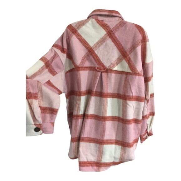 Kensie pink white colorblock plaid fleece flannel look button down shacket Large - Picture 16 of 16